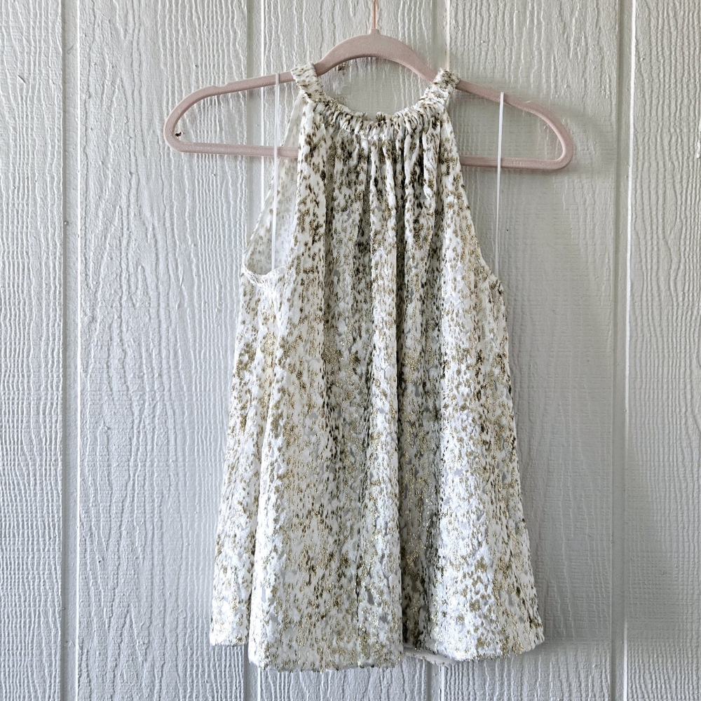 NWT Elie Tahari Gold Metallic Drawstring Halter Tank Top Keyhole White Small